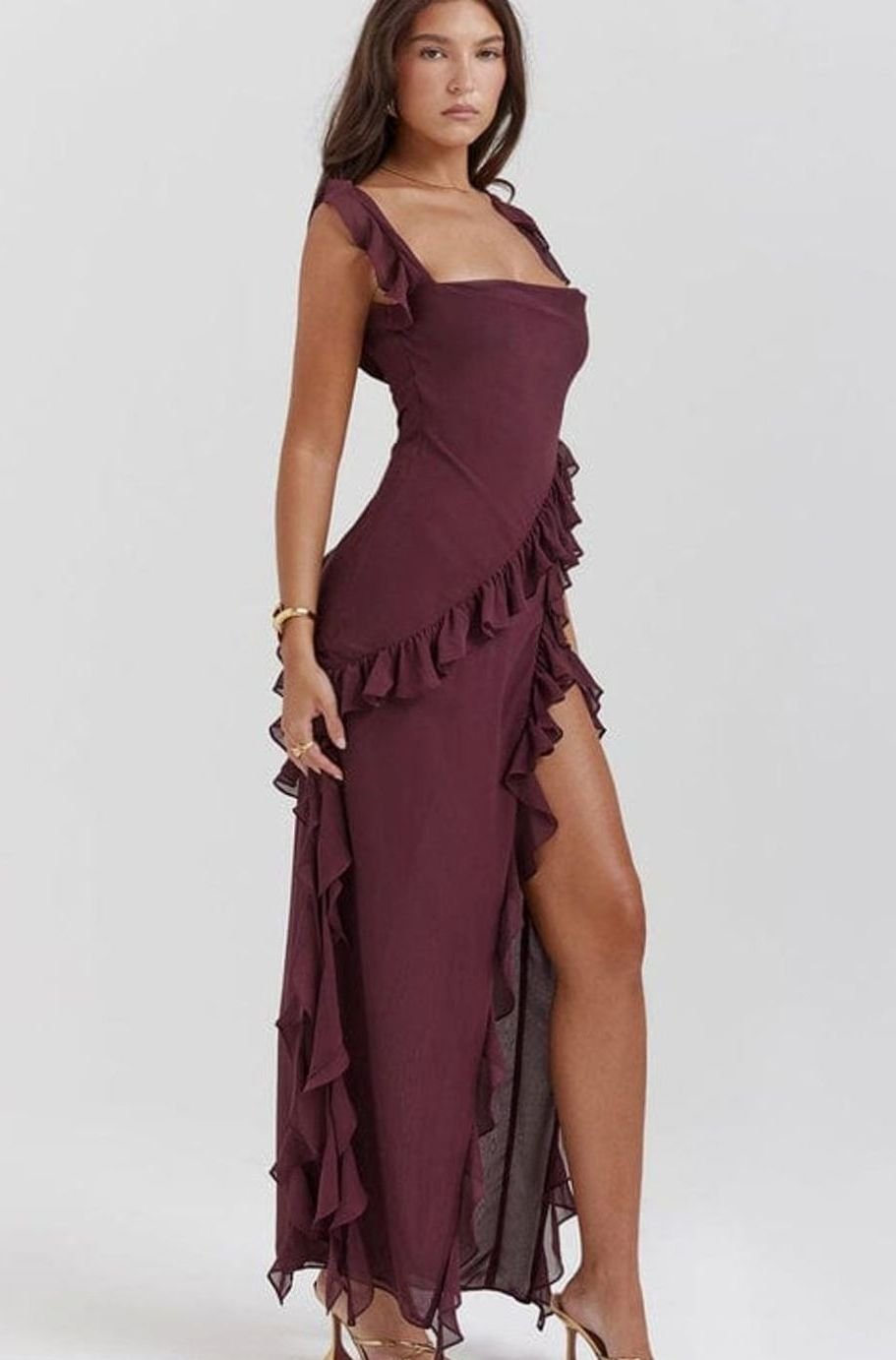 Women's Ruffle-Trim Side-Slit Chiffon Maxi Party Dress