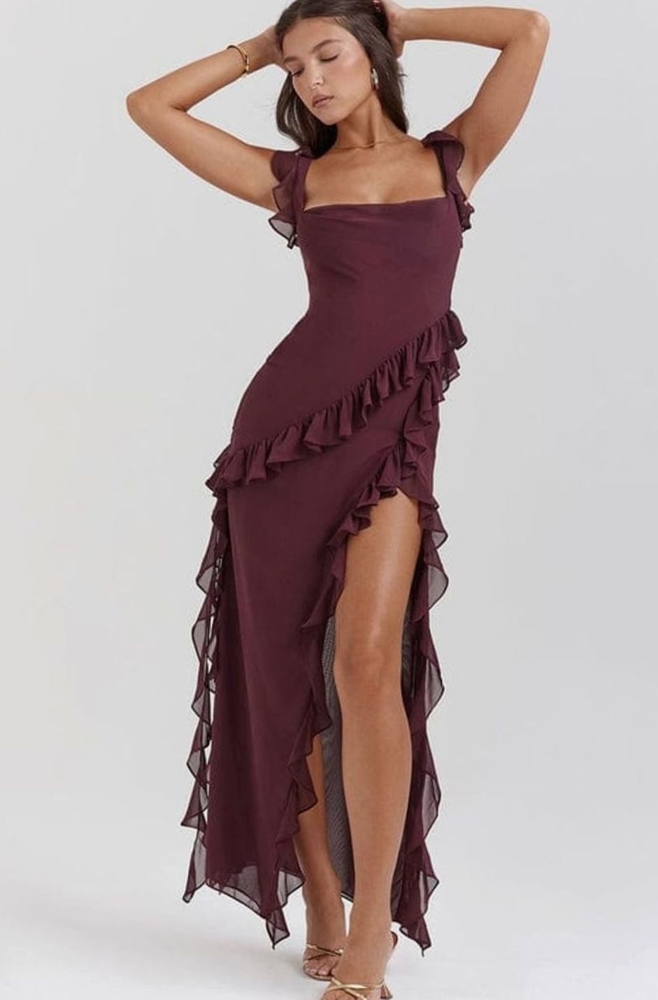 Women's Ruffle-Trim Side-Slit Chiffon Maxi Party Dress - Burgundy