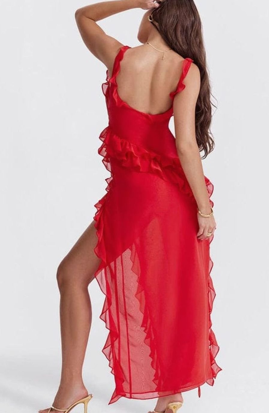 Women's Ruffle-Trim Side-Slit Chiffon Maxi Party Dress