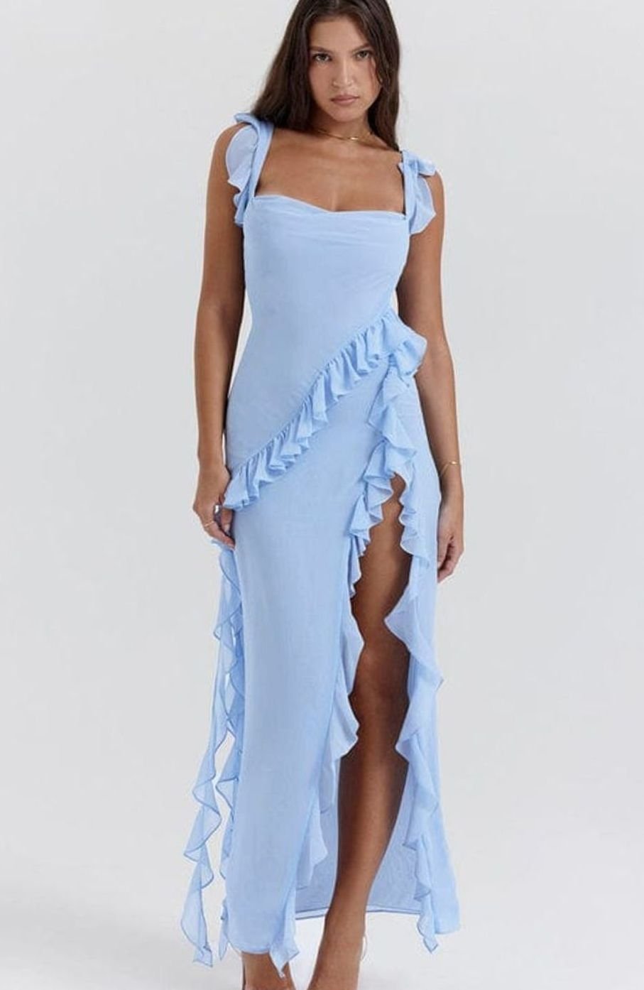 Women's Ruffle-Trim Side-Slit Chiffon Maxi Party Dress - Blue