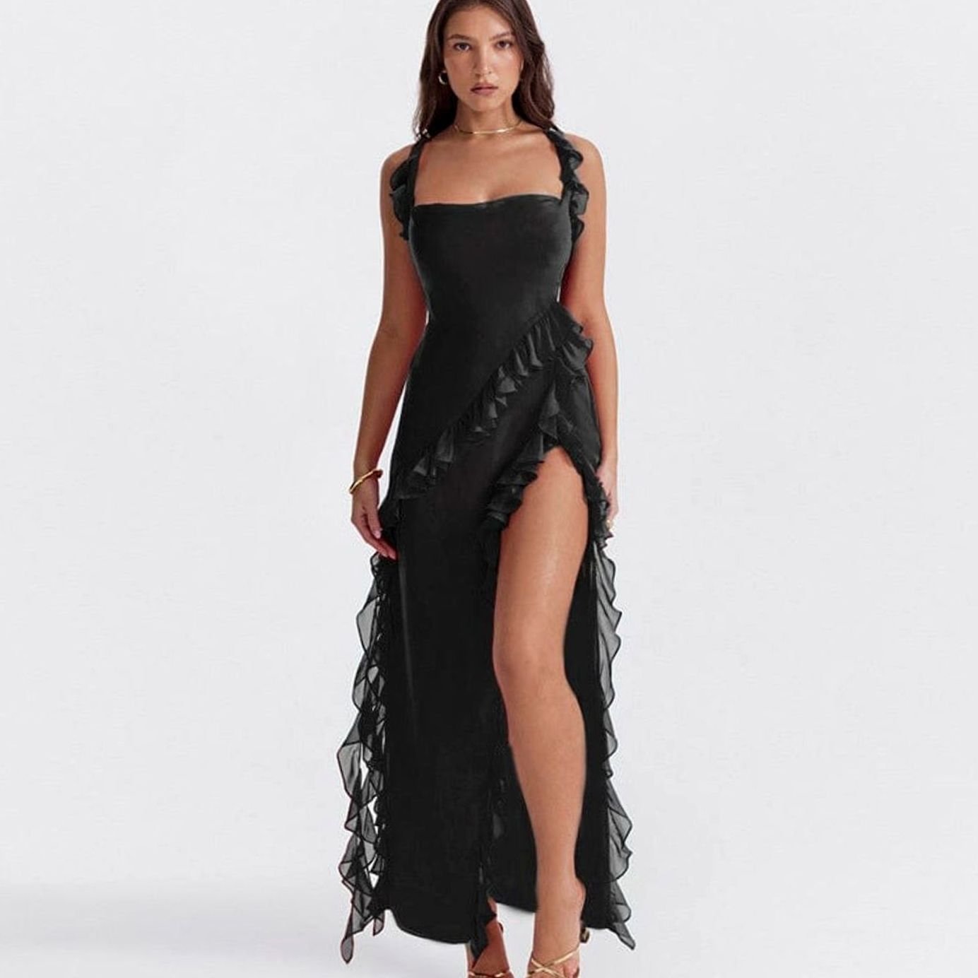 Women's Ruffle-Trim Side-Slit Chiffon Maxi Party Dress - Black