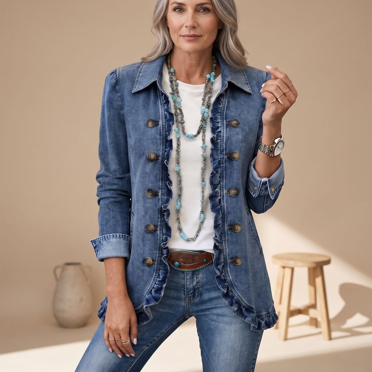 Women's Ruffled Double-Button Denim Jacket Point Collar - Medium Blue