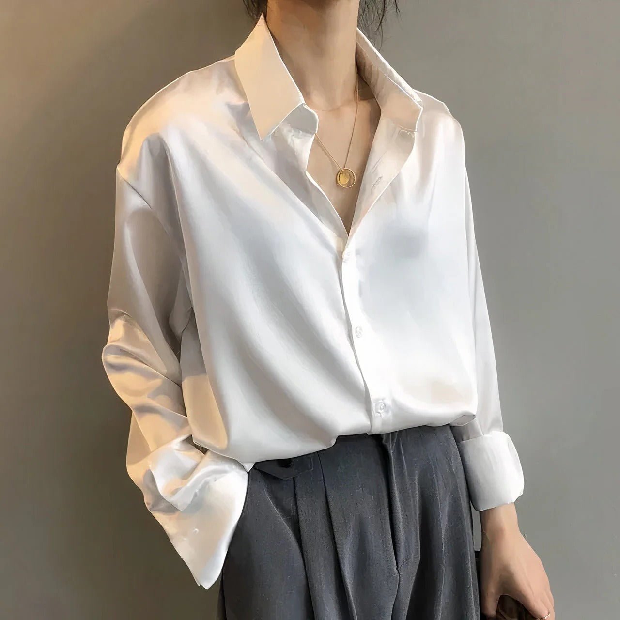 Women's Sage Satin Button-Down Long Sleeve Collar Blouse - White