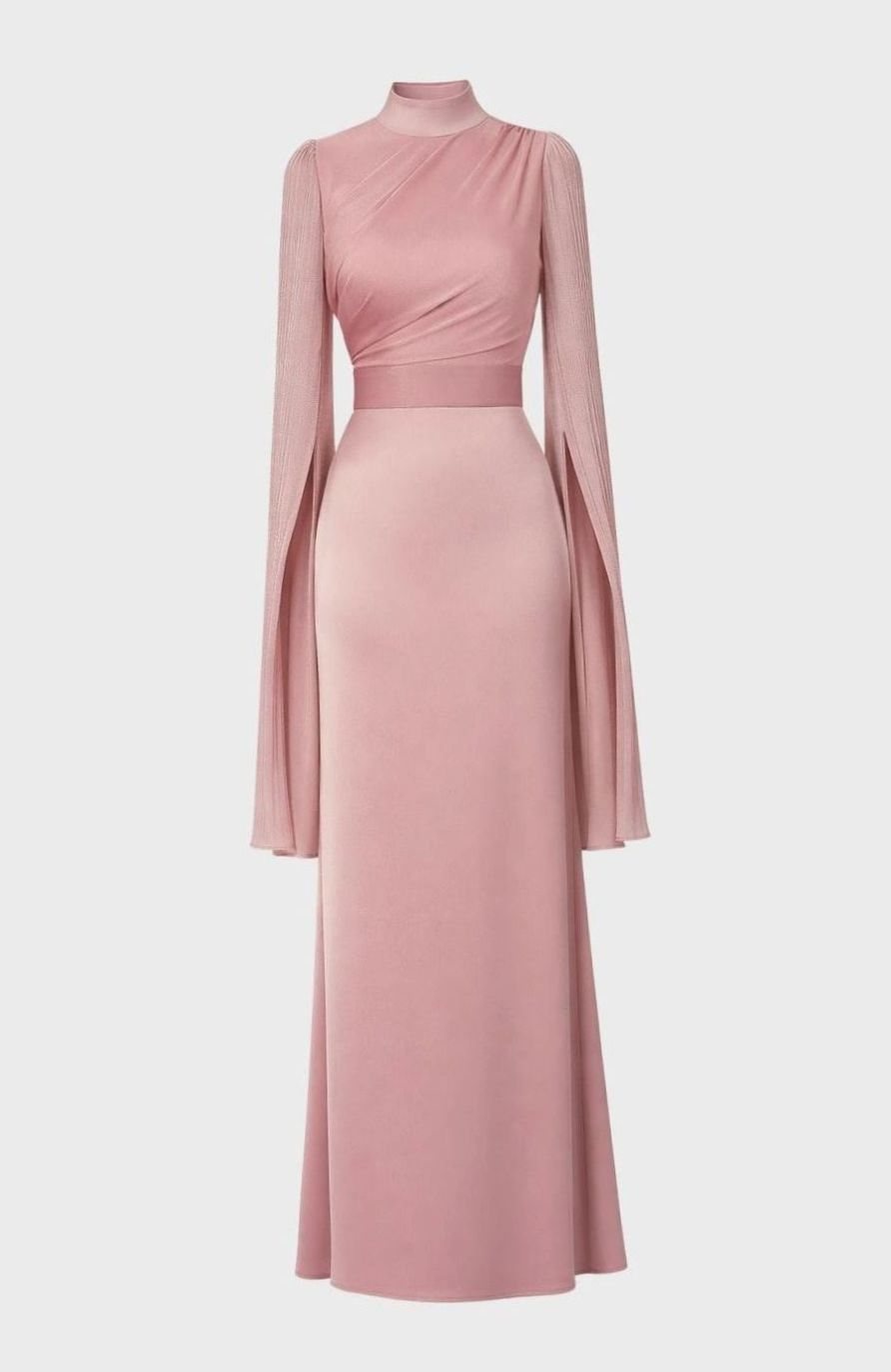 Women's Satin Chiffon Split-Sleeve Formal Maxi Party Dress Gown - Pink