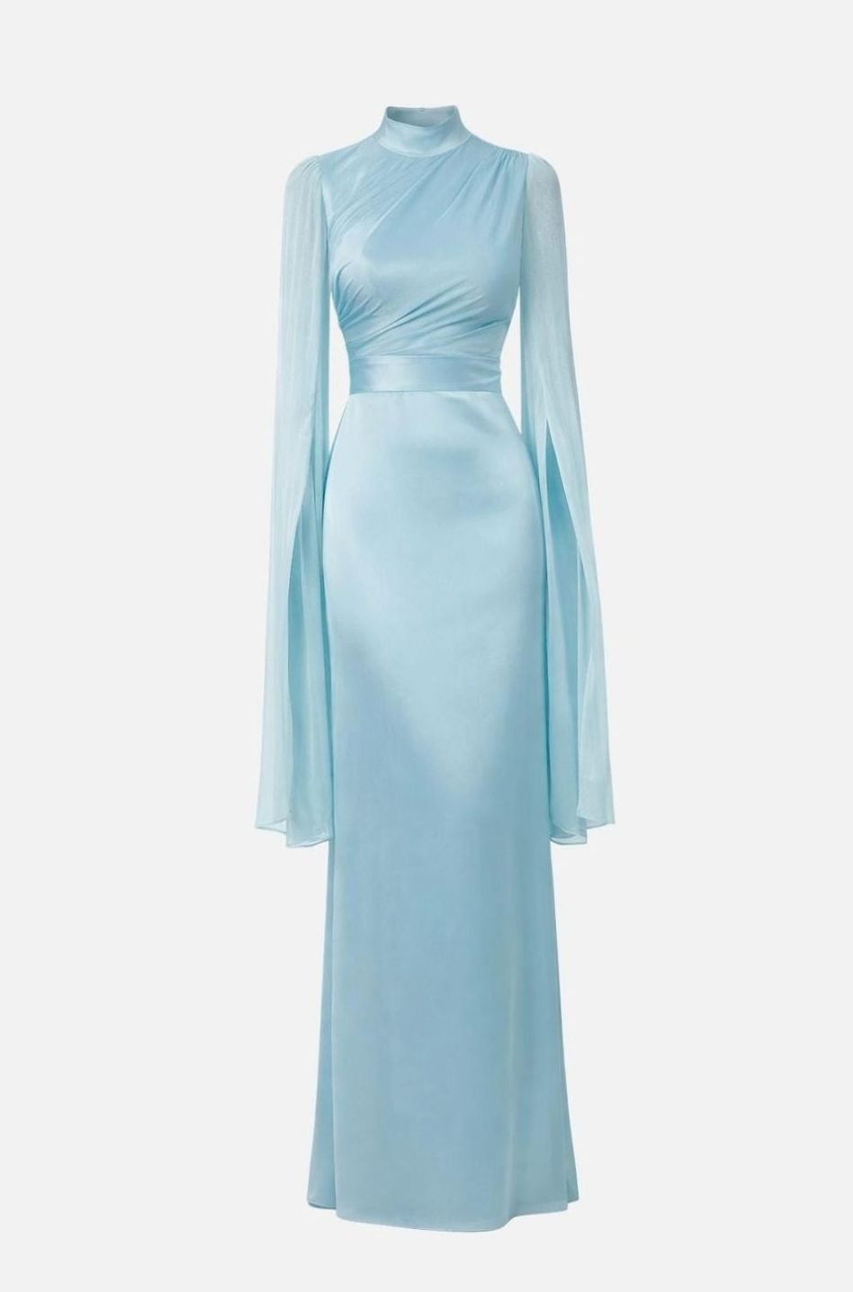 Women's Satin Chiffon Split-Sleeve Formal Maxi Party Dress Gown - Aquatic Blue