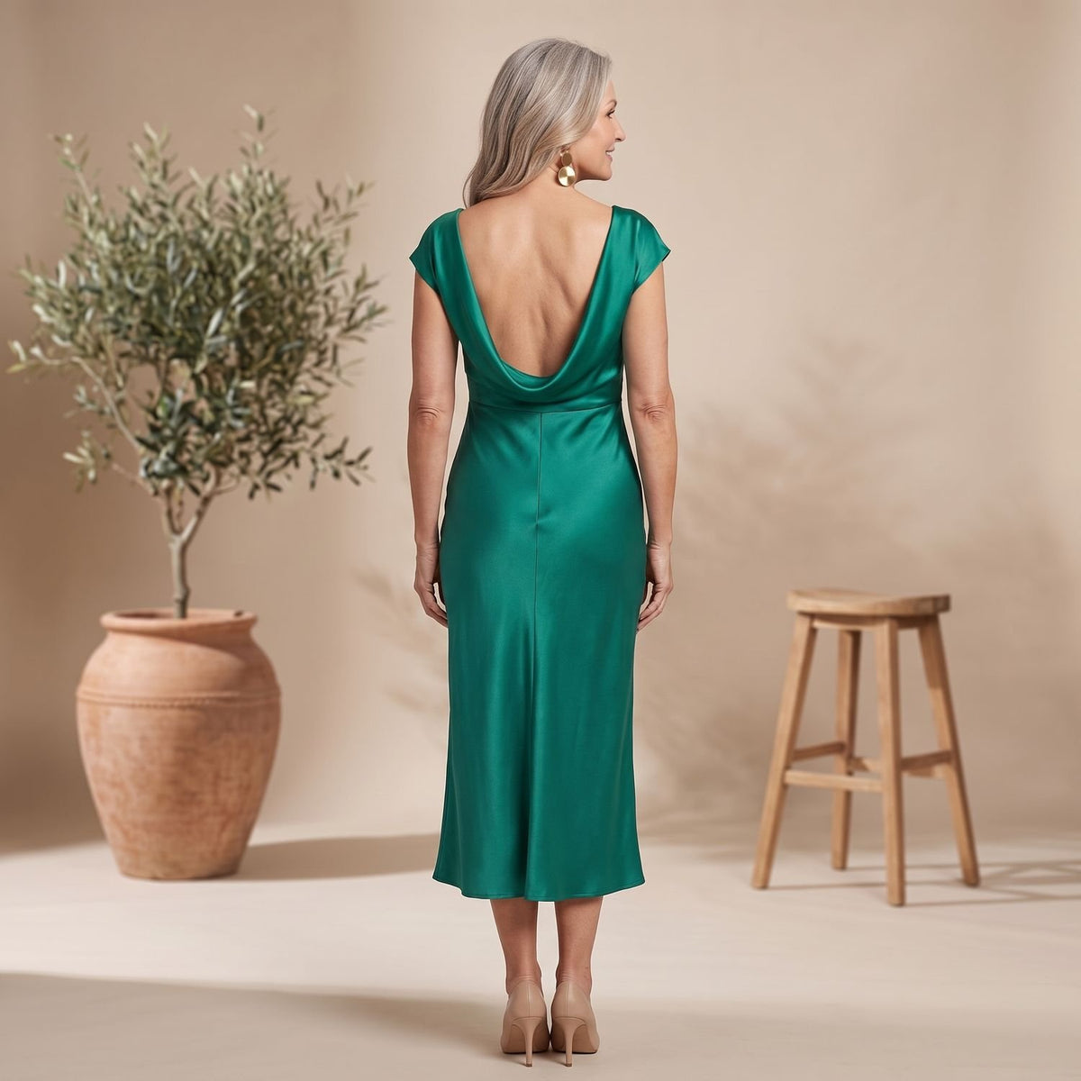 Women's Satin Cowl-Neck Cap-Sleeve Ruched Midi Cocktail Party Dress
