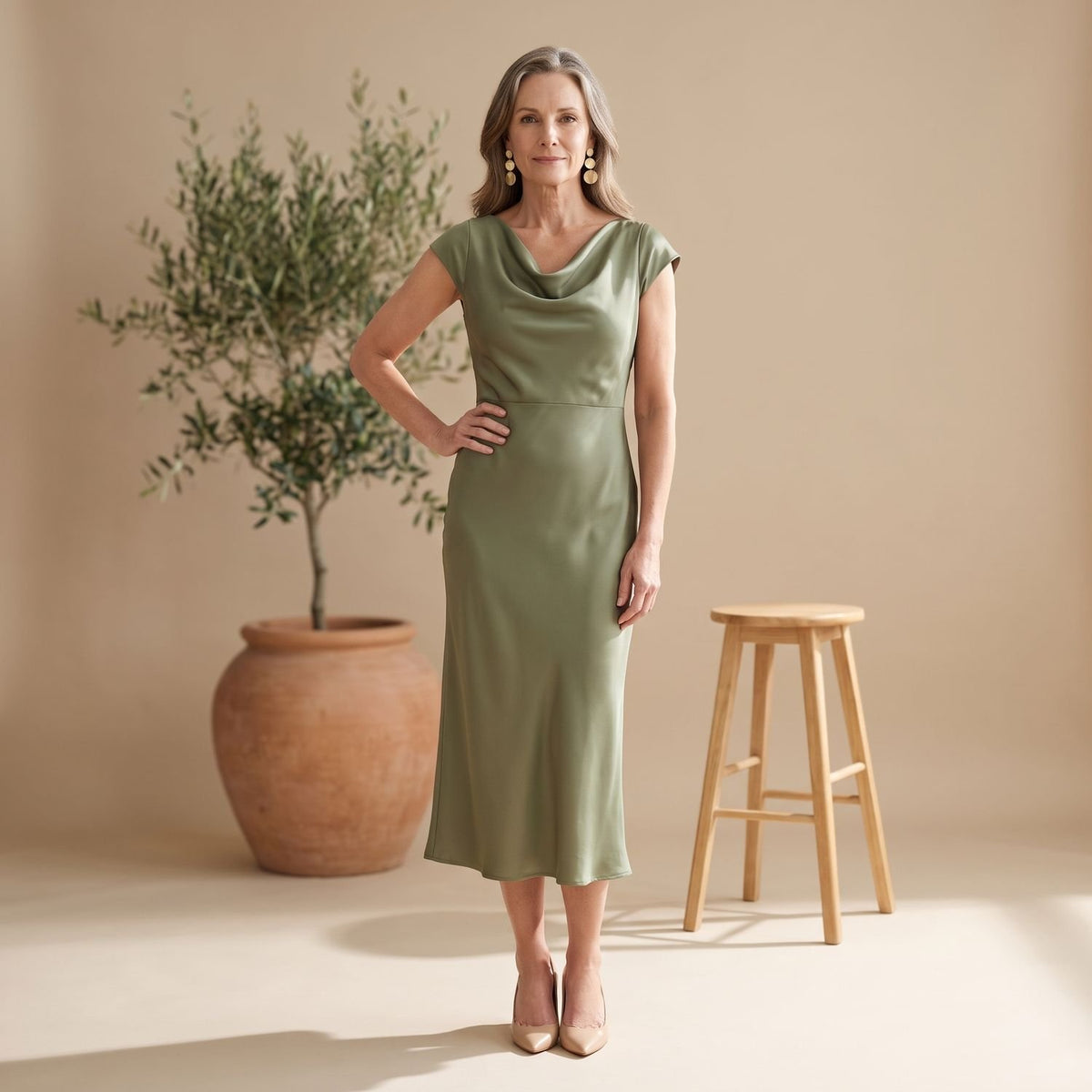Women's Satin Cowl-Neck Cap-Sleeve Ruched Midi Cocktail Party Dress - Army Green