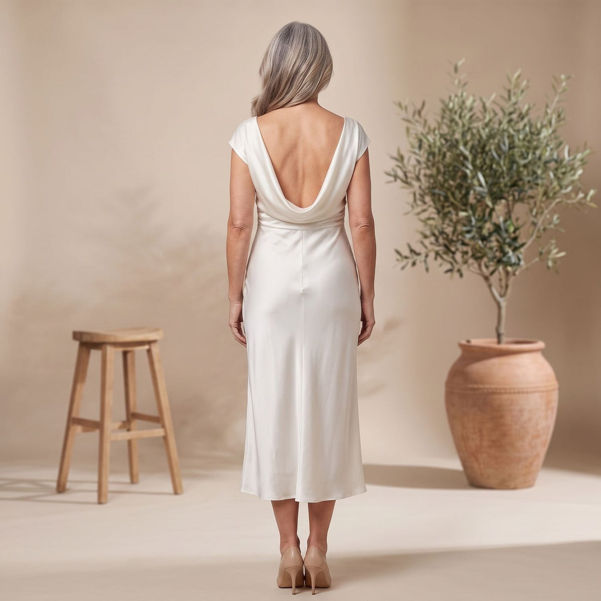Women's Satin Cowl-Neck Cap-Sleeve Ruched Midi Cocktail Party Dress