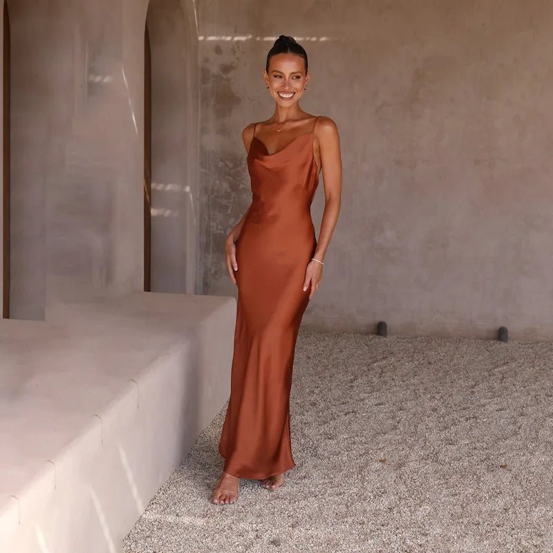 Women's Satin Cowl-Neck Open-Back Bodycon Maxi Dress