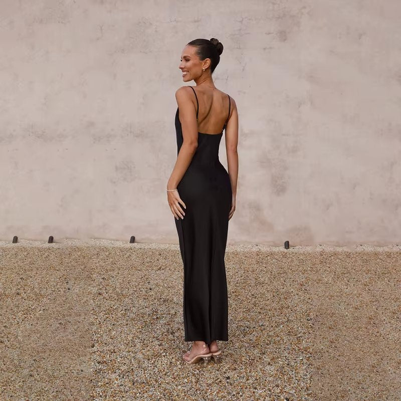 Women's Satin Cowl-Neck Open-Back Bodycon Maxi Dress
