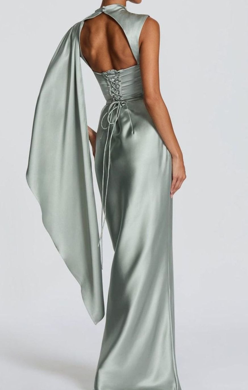 Women's Satin Draped Cape Maxi Gown Corset Formal Dress