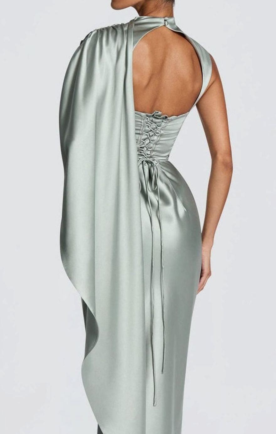 Women's Satin Draped Cape Maxi Gown Corset Formal Dress