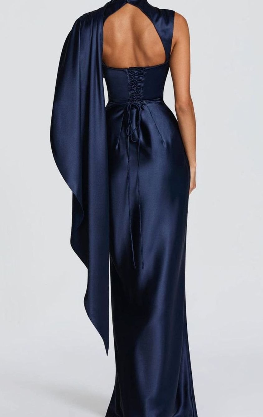 Women's Satin Draped Cape Maxi Gown Corset Formal Dress