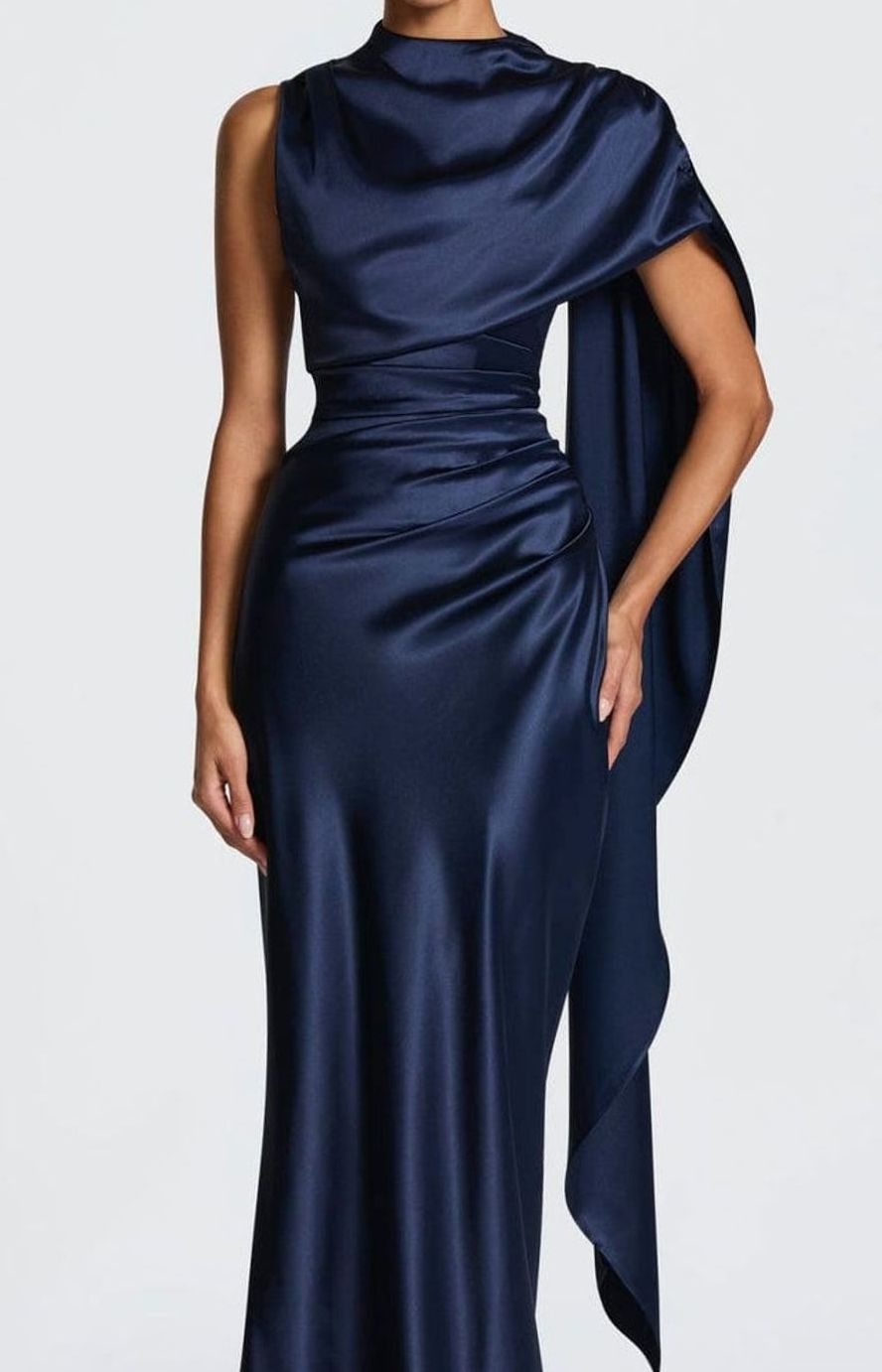 Women's Satin Draped Cape Maxi Gown Corset Formal Dress