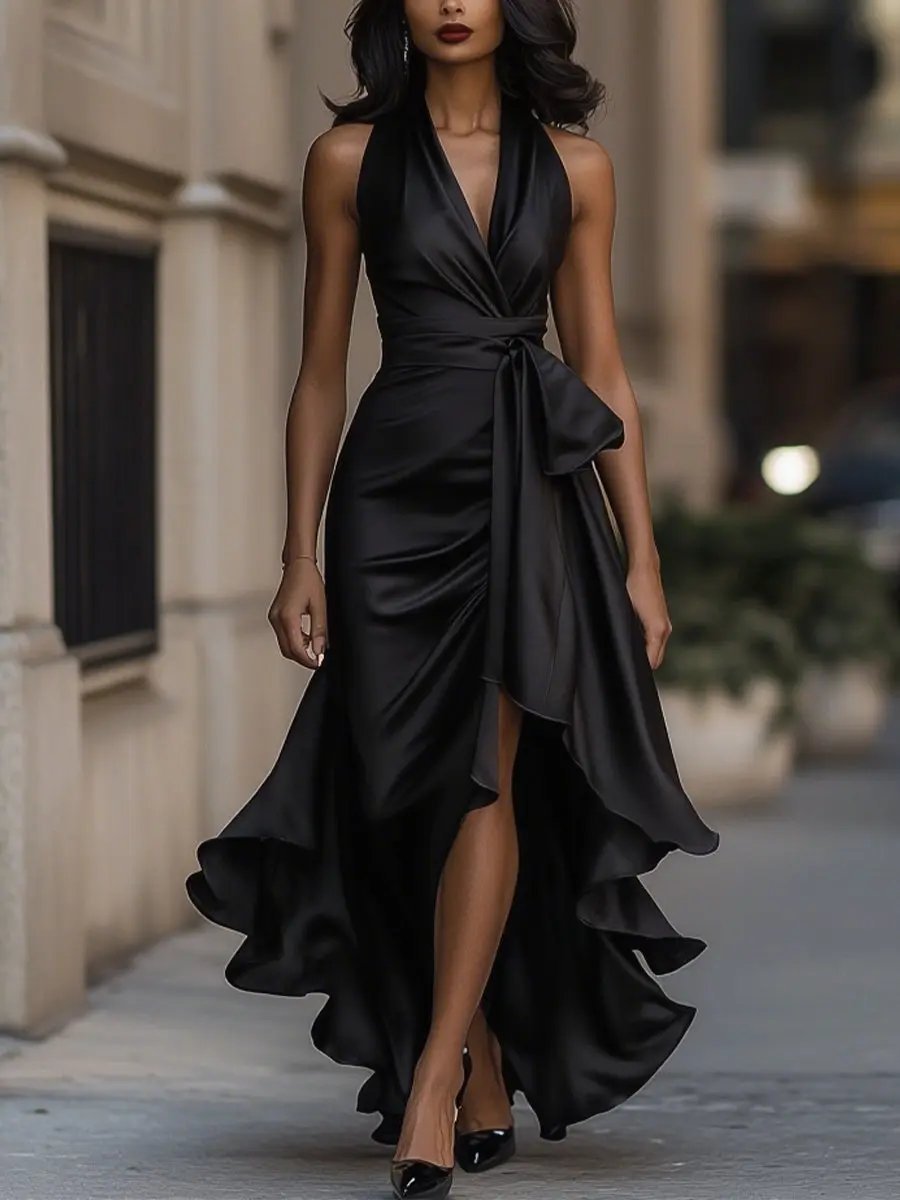 Women's Satin Halter Cocktail Party Dress Bow-Waist High-Low Ruffle - Black