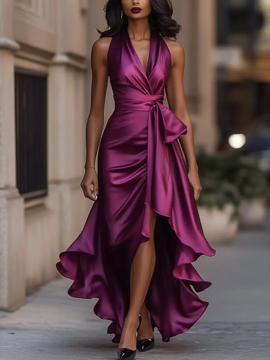 Women's Satin Halter Cocktail Party Dress Bow-Waist High-Low Ruffle - Fuchsia