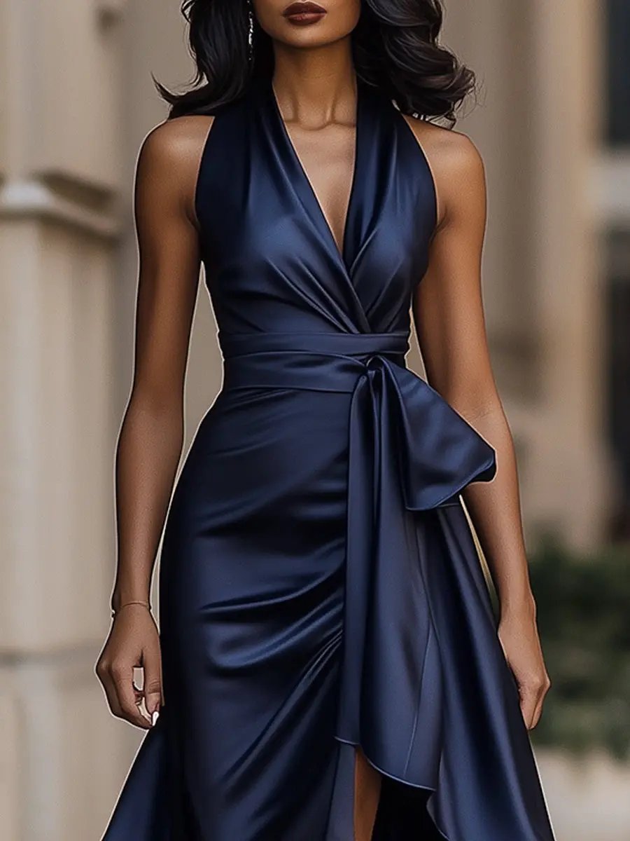 Women's Satin Halter Cocktail Party Dress Bow-Waist High-Low Ruffle