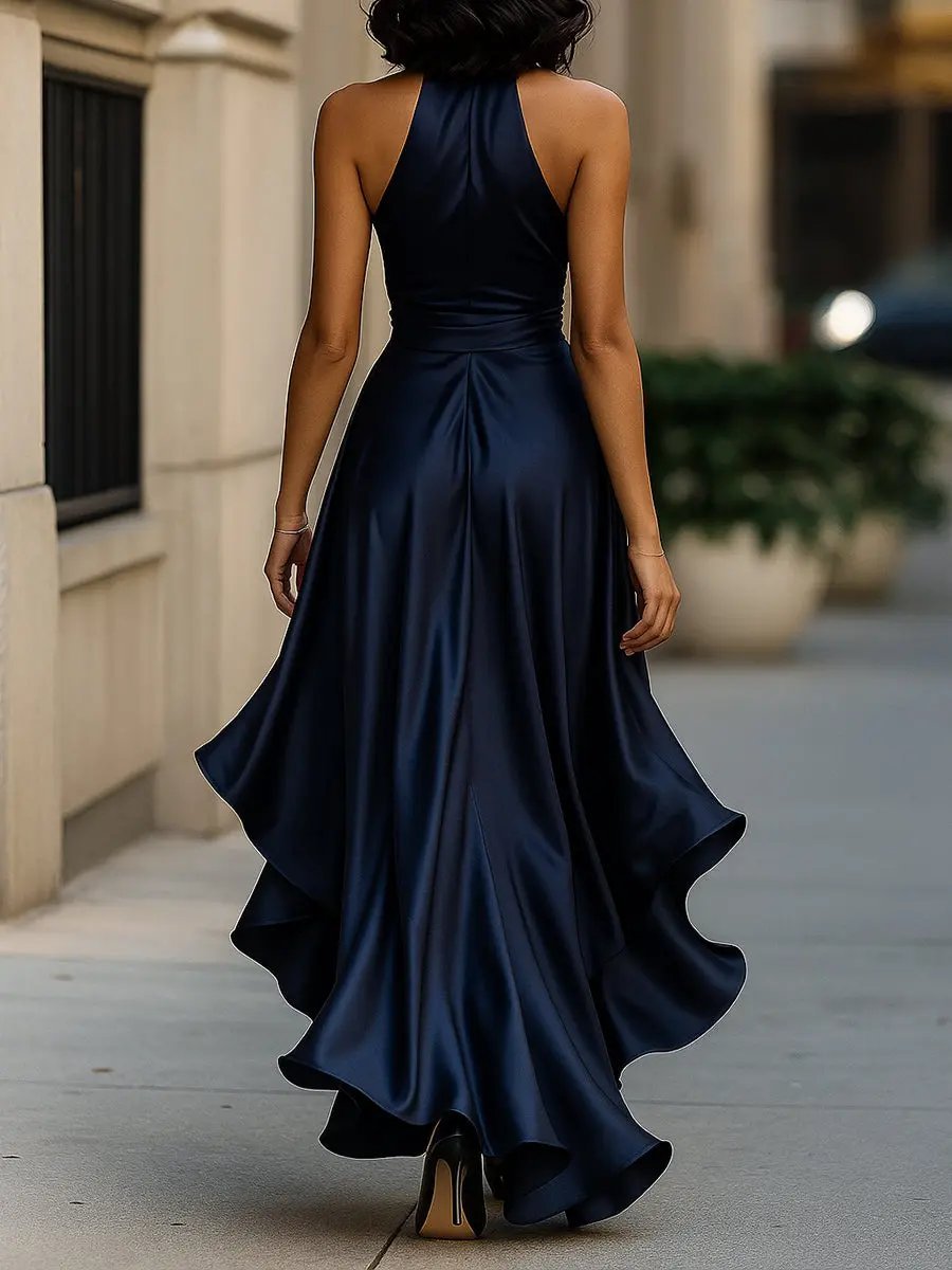 Women's Satin Halter Cocktail Party Dress Bow-Waist High-Low Ruffle