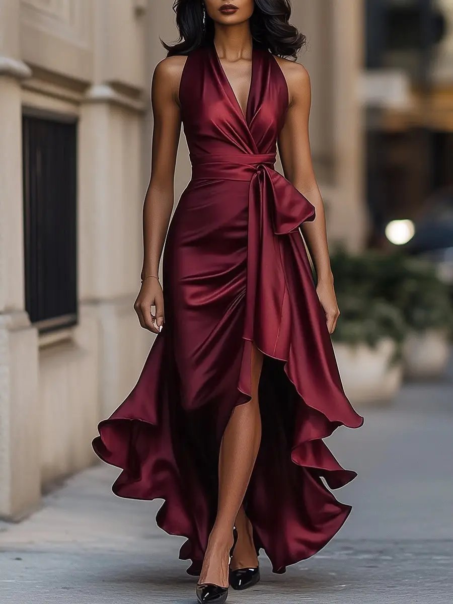 Women's Satin Halter Cocktail Party Dress Bow-Waist High-Low Ruffle - Burgundy