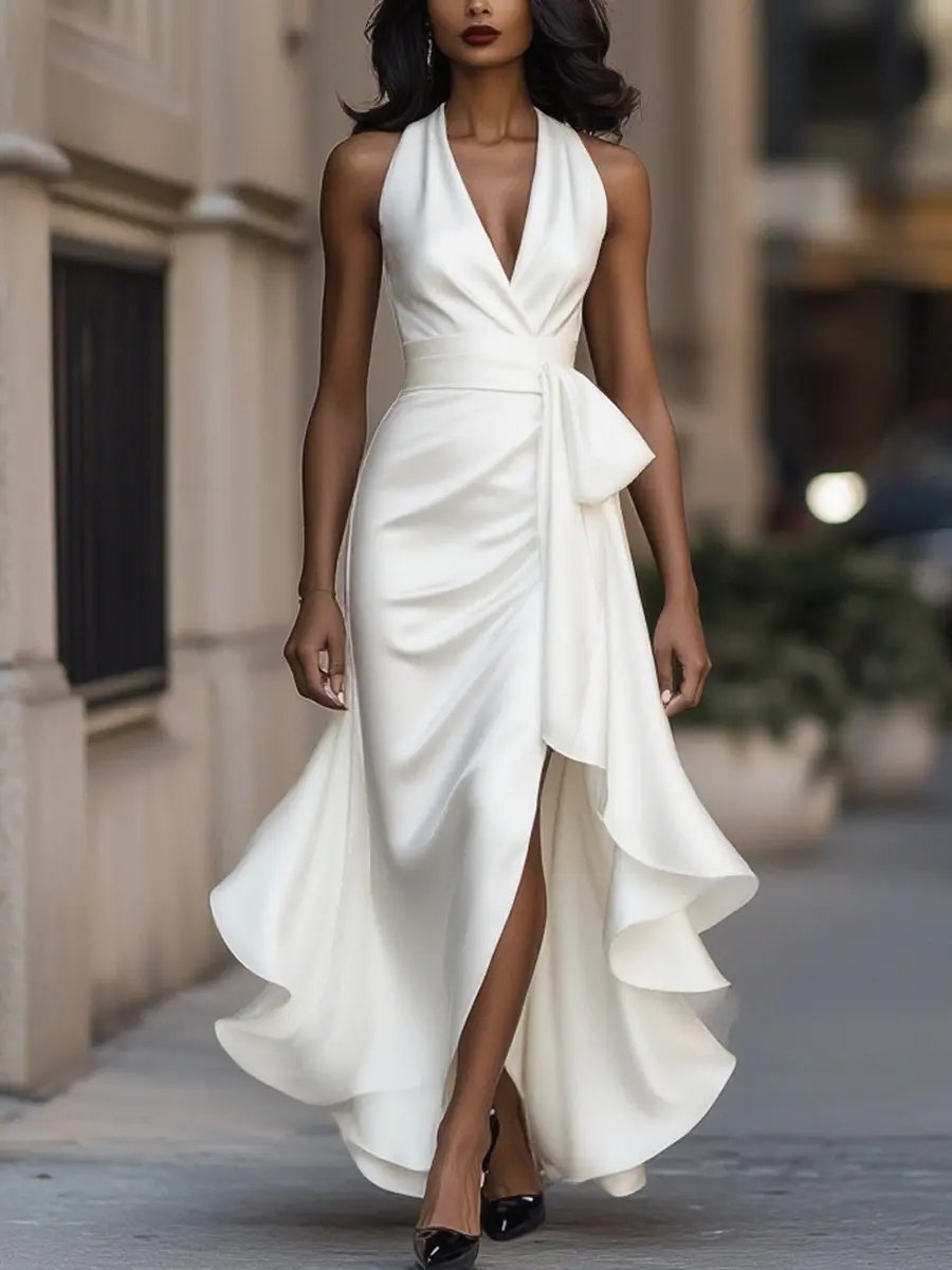 Women's Satin Halter Cocktail Party Dress Bow-Waist High-Low Ruffle - White