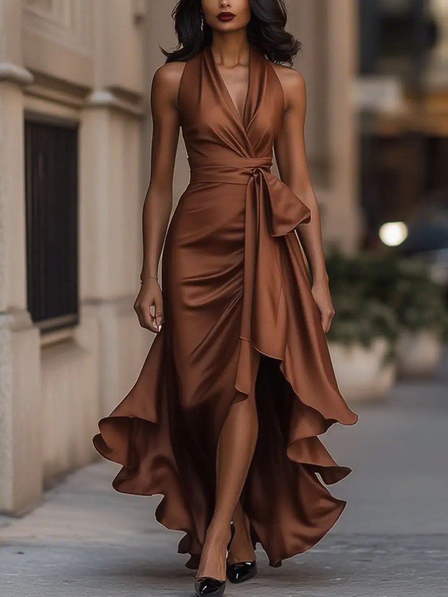 Women's Satin Halter Cocktail Party Dress Bow-Waist High-Low Ruffle - Brown