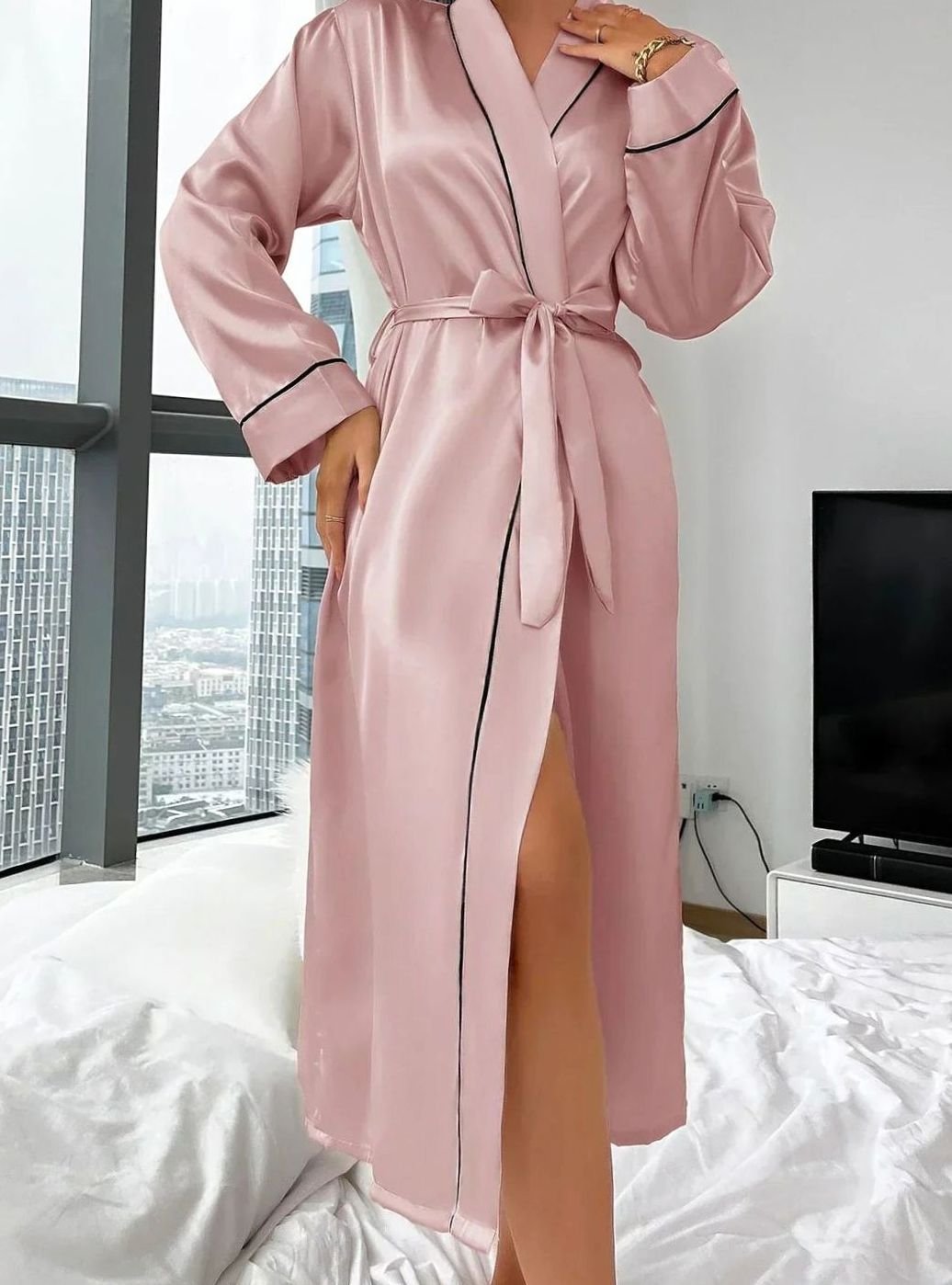 Women's Satin Kimono Wrap Robe Belted Luxury Loungewear