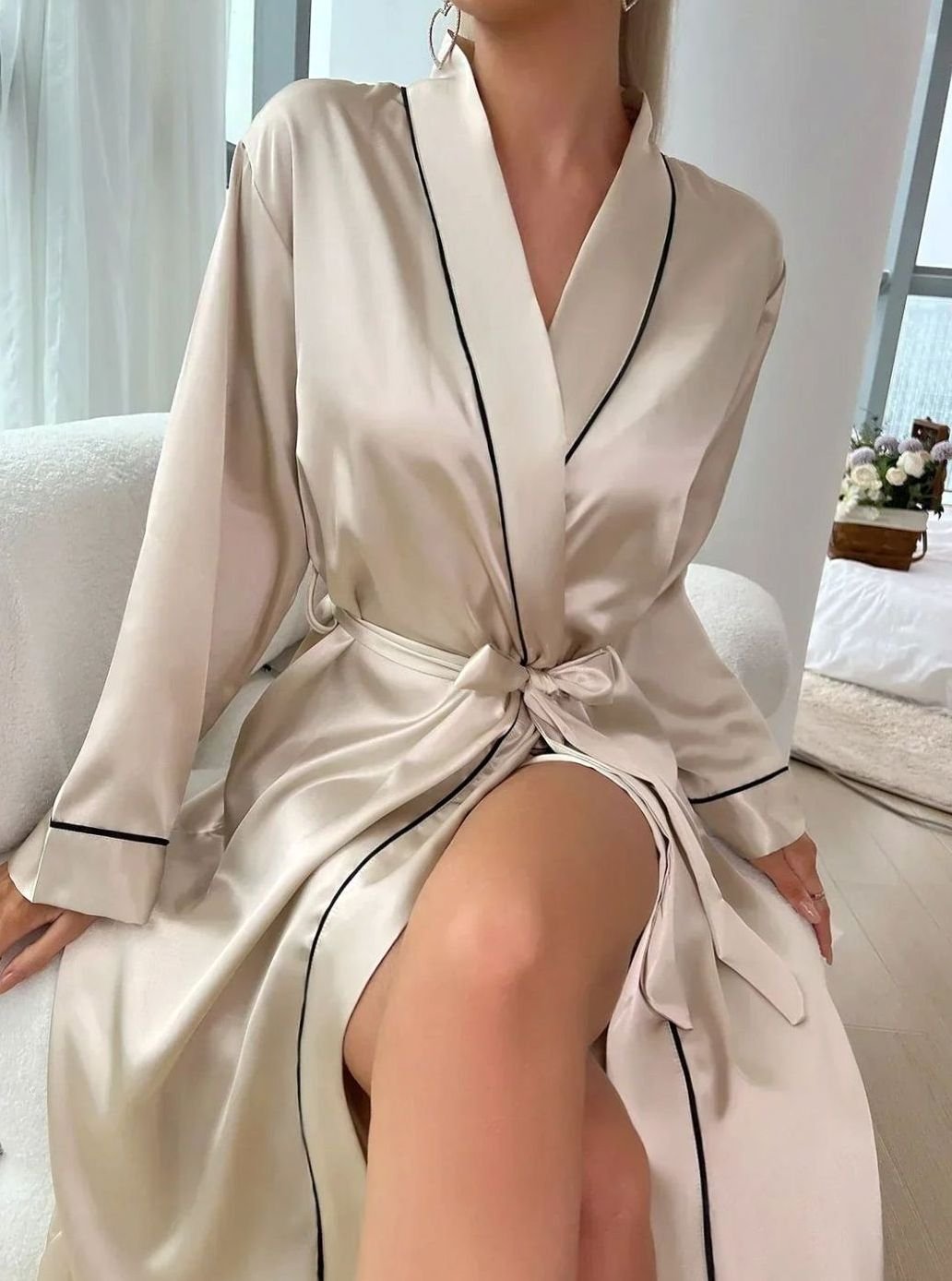 Women's Satin Kimono Wrap Robe Belted Luxury Loungewear