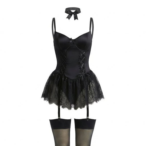 Women's Satin Lace-Ruffle Underwire Corset Bustier Teddy Bodysuit - Black