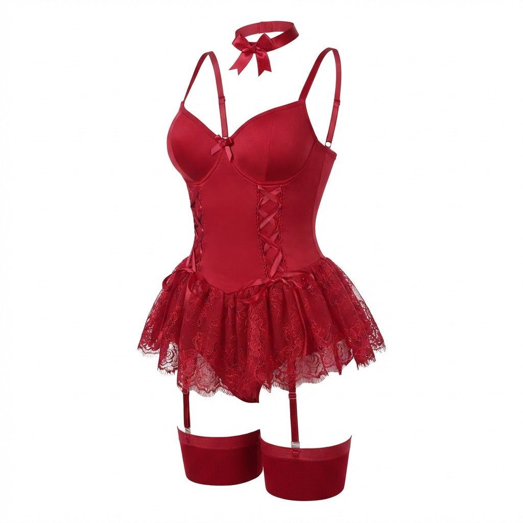 Women's Satin Lace-Ruffle Underwire Corset Bustier Teddy Bodysuit - Burgundy