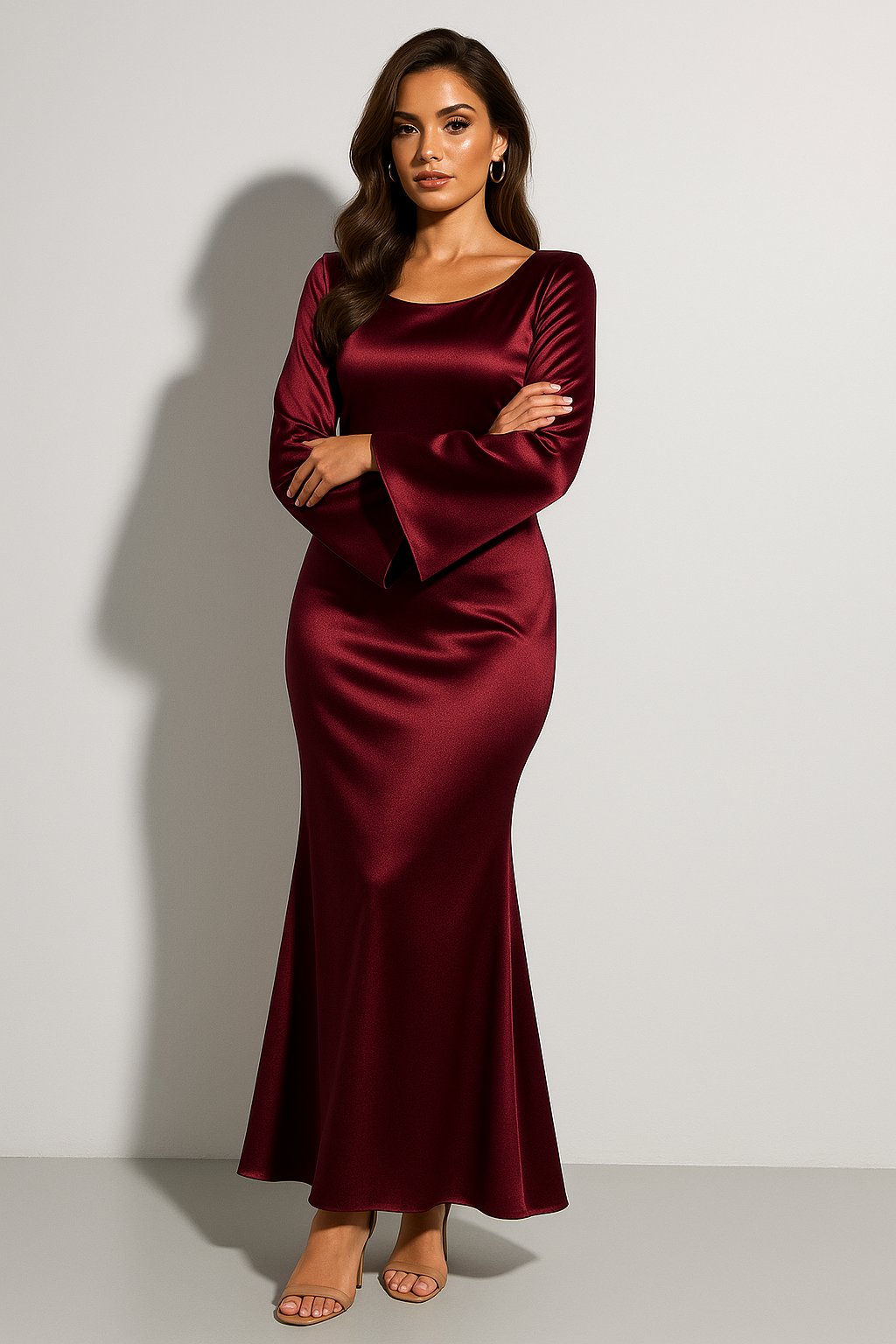 Women's Satin Long Sleeve Scoop Neck Fishtail Maxi Dress - Dark Red