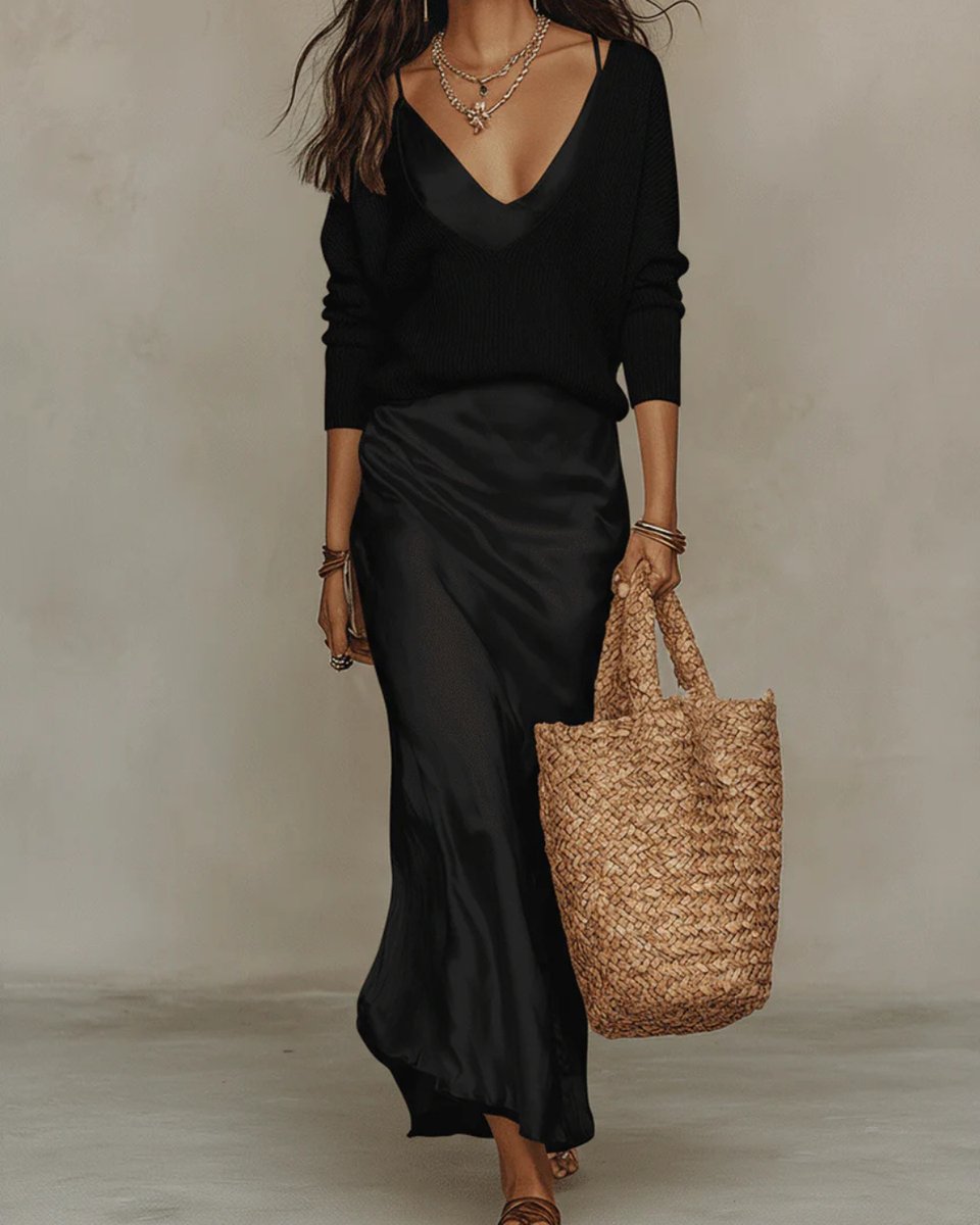 Women's Satin Midi Long Sleeve Dress Knit Jumper Two-Piece Set - Black