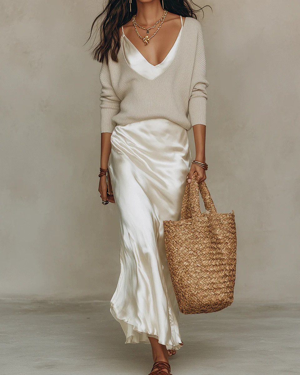 Women's Satin Midi Long Sleeve Dress Knit Jumper Two-Piece Set