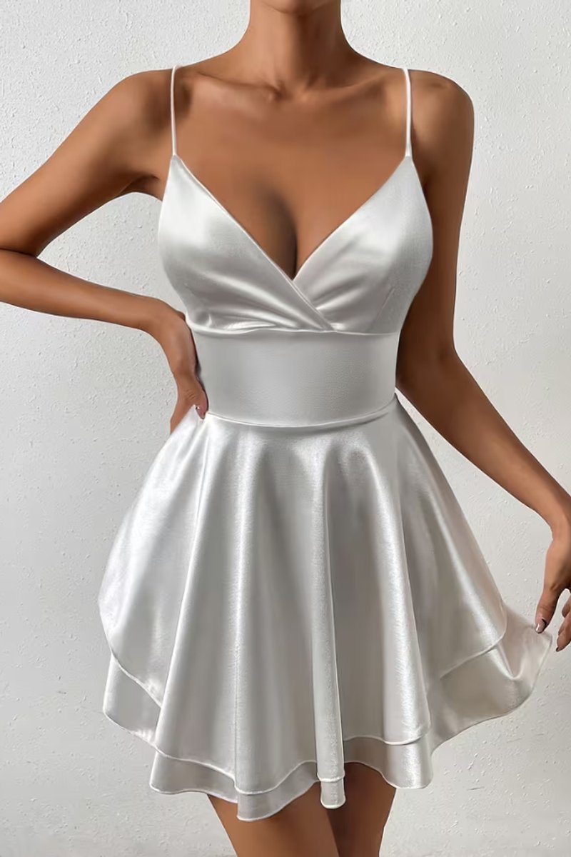 Women's Satin Open-Back Skater Cocktail Dress Plunging V-Neck - White
