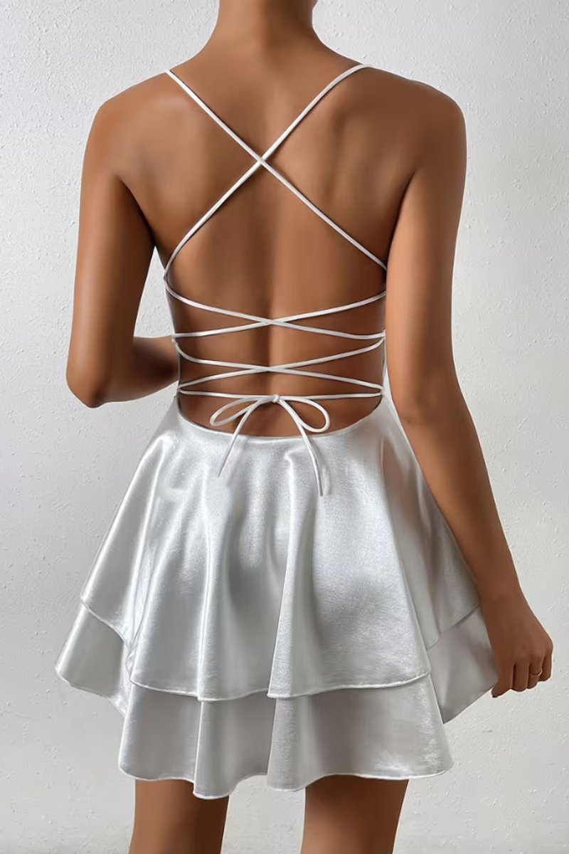 Women's Satin Open-Back Skater Cocktail Dress Plunging V-Neck