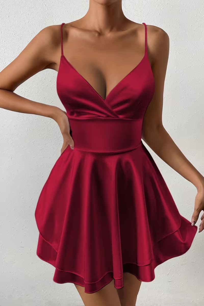 Women's Satin Open-Back Skater Cocktail Dress Plunging V-Neck - Burgundy Red