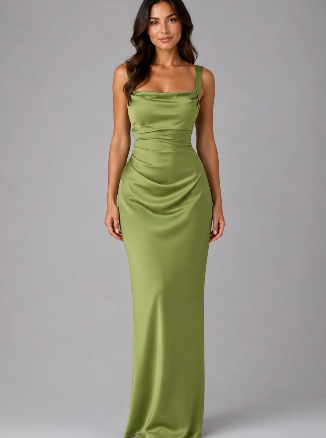 Women's Satin Ruched-Waist Square-Neck Maxi Dress - Green