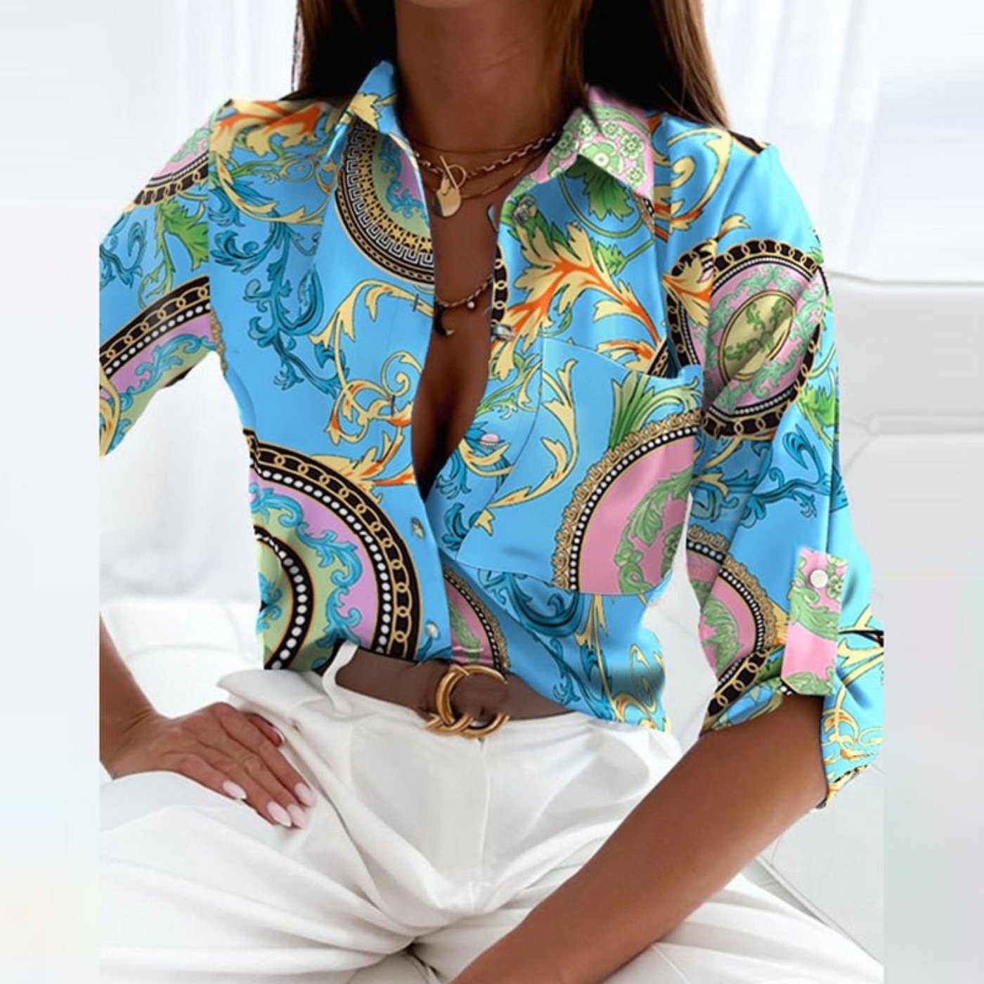Women's Satin Striped Button-Down Long-Sleeve Blouse - Light Blue