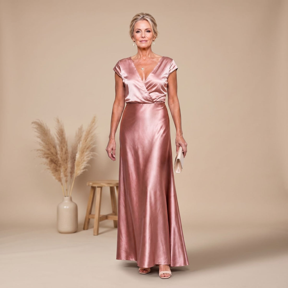 Women's Satin Wrap Bodice Cap Sleeve V-Neck Maxi Dress - Rose Gold