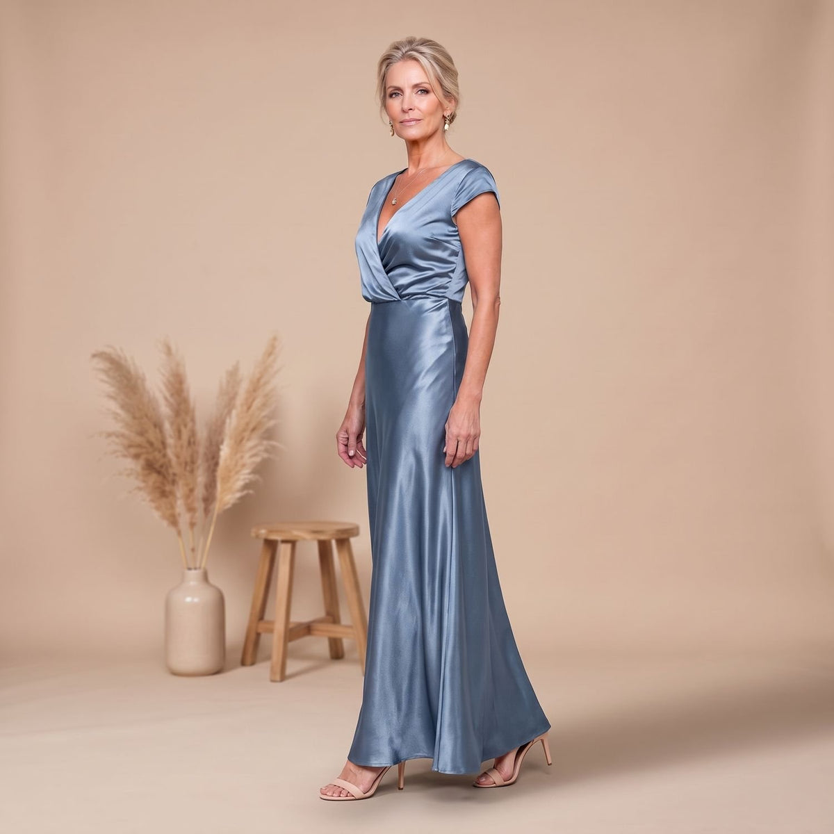 Women's Satin Wrap Bodice Cap Sleeve V-Neck Maxi Dress