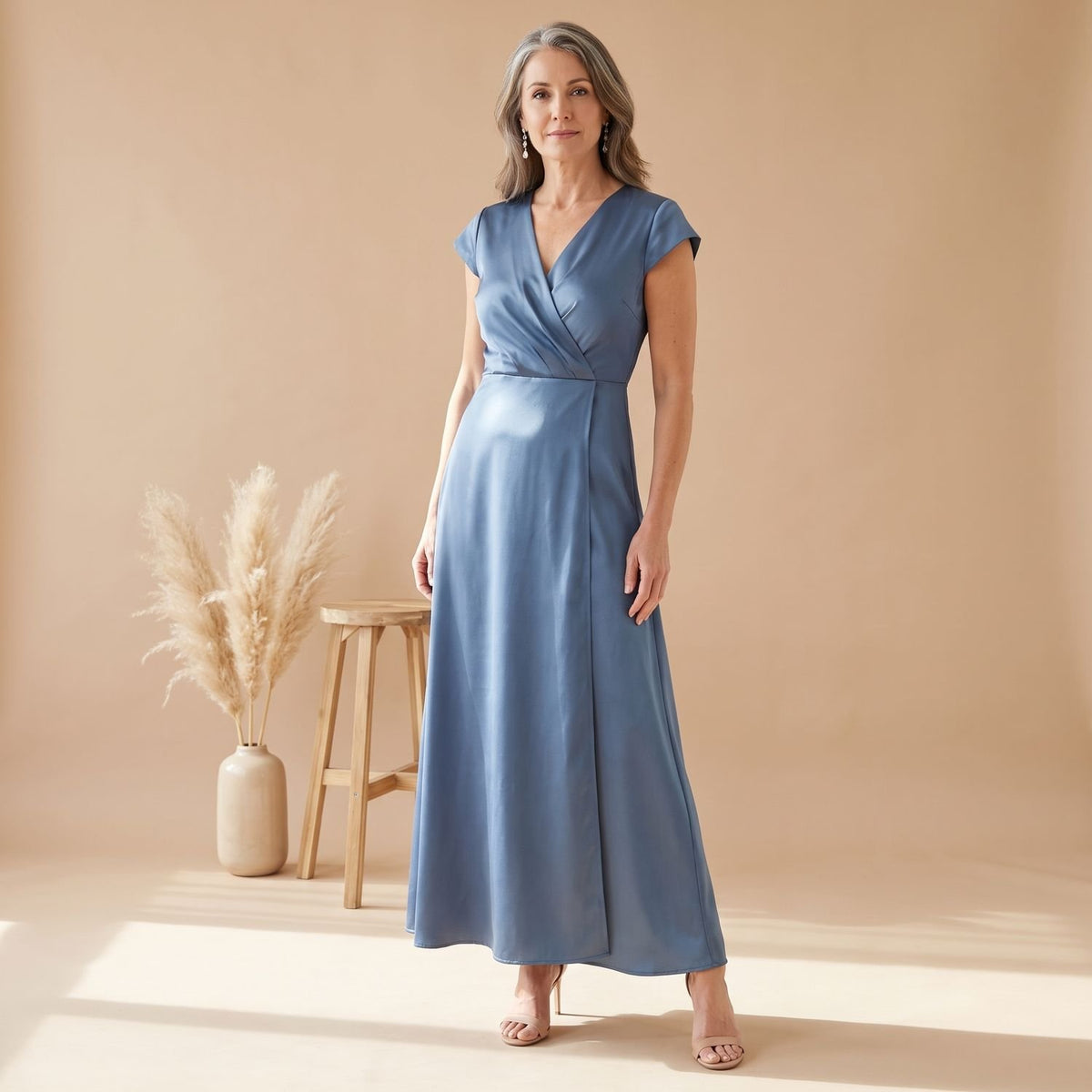 Women's Satin Wrap Bodice Cap Sleeve V-Neck Maxi Dress