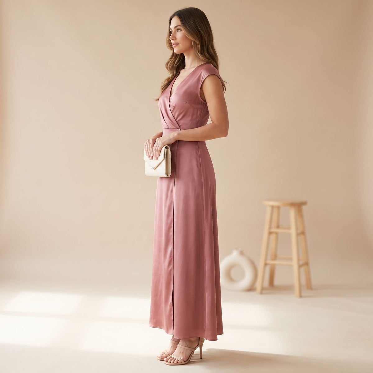 Women's Satin Wrap Bodice Cap Sleeve V-Neck Maxi Dress