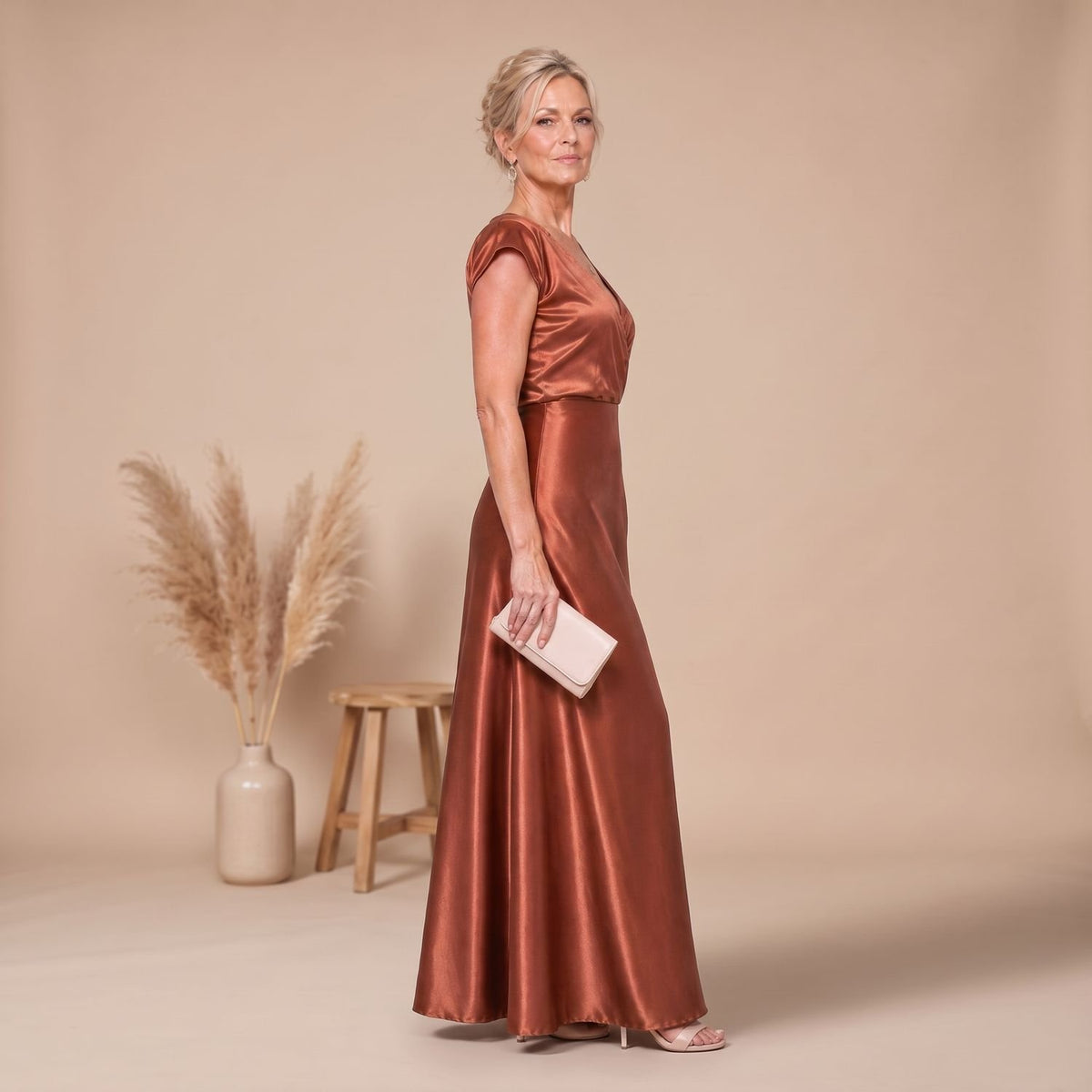 Women's Satin Wrap Bodice Cap Sleeve V-Neck Maxi Dress