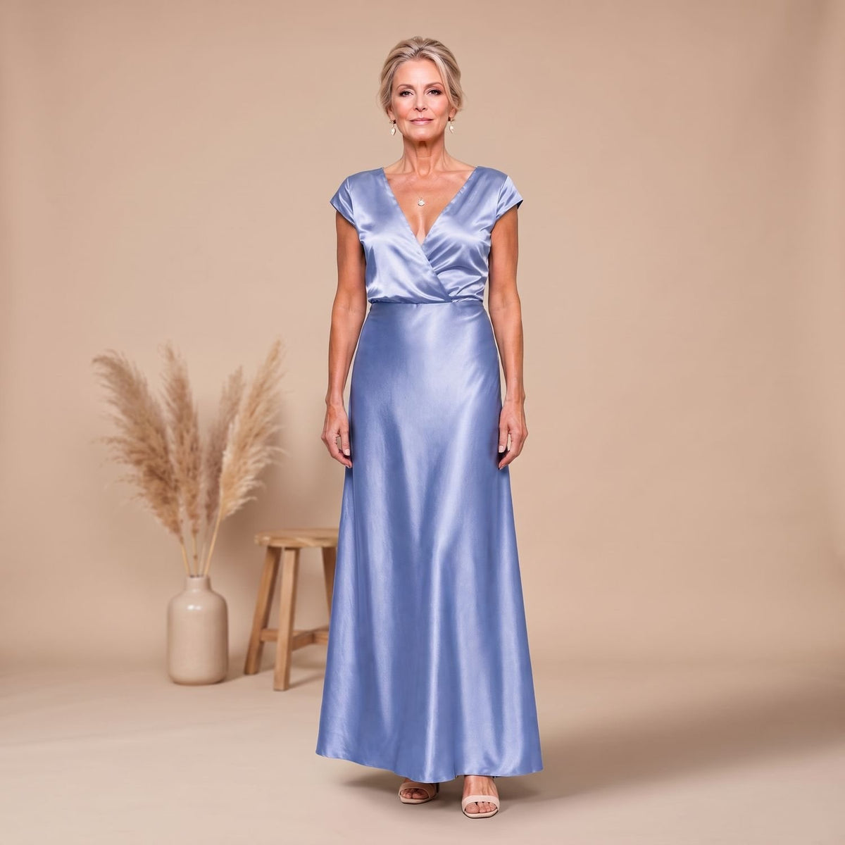 Women's Satin Wrap Bodice Cap Sleeve V-Neck Maxi Dress - Blue