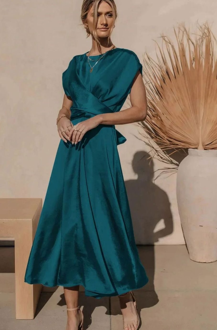 Women's Satin Wrap-Style Cap-Sleeve Midi Party Dress - Blue