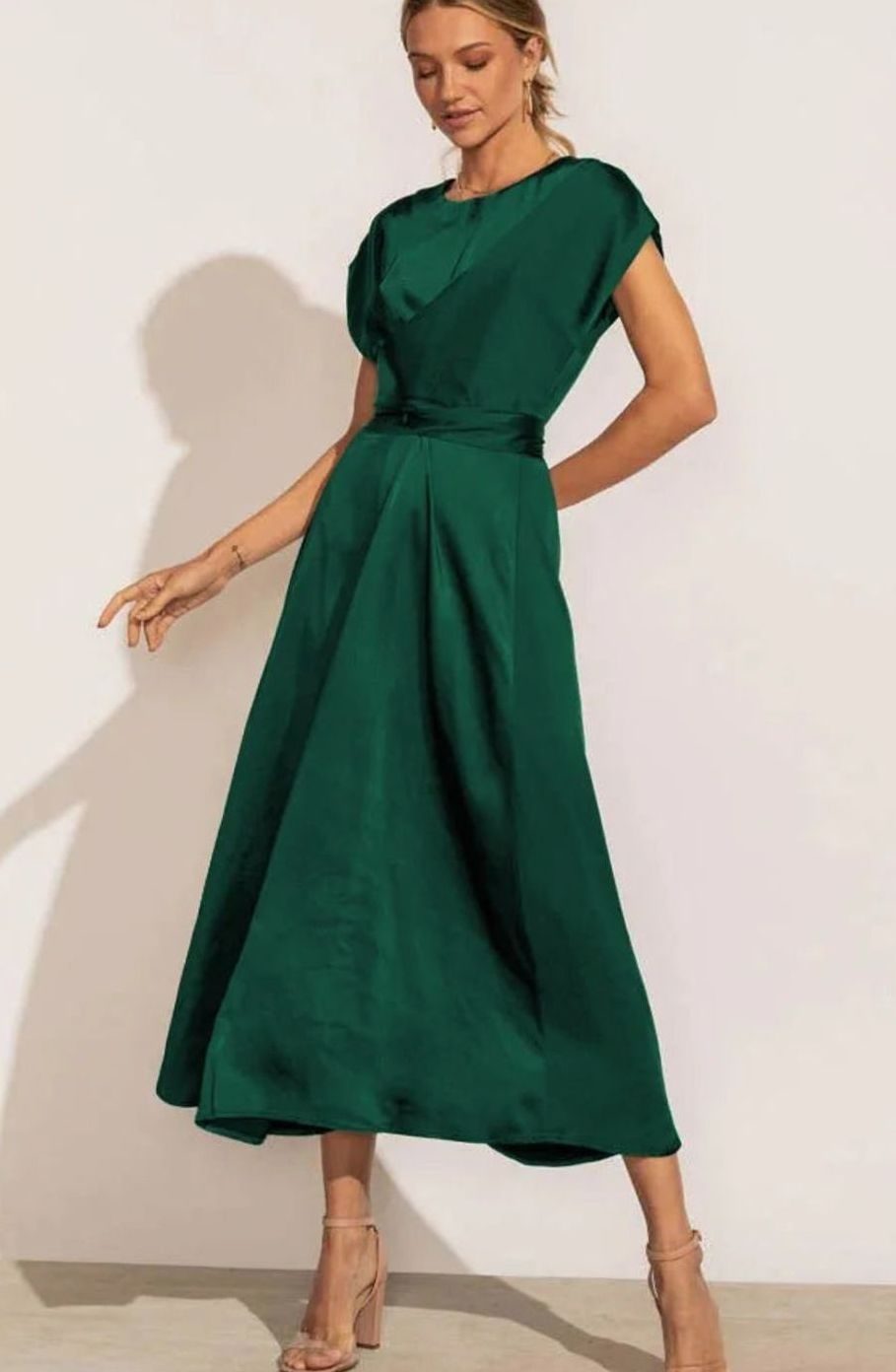 Women's Satin Wrap-Style Cap-Sleeve Midi Party Dress