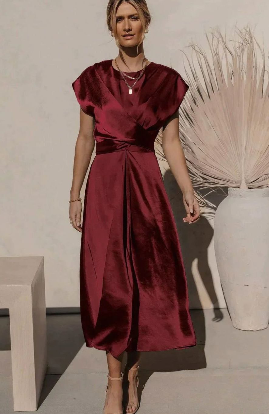 Women's Satin Wrap-Style Cap-Sleeve Midi Party Dress