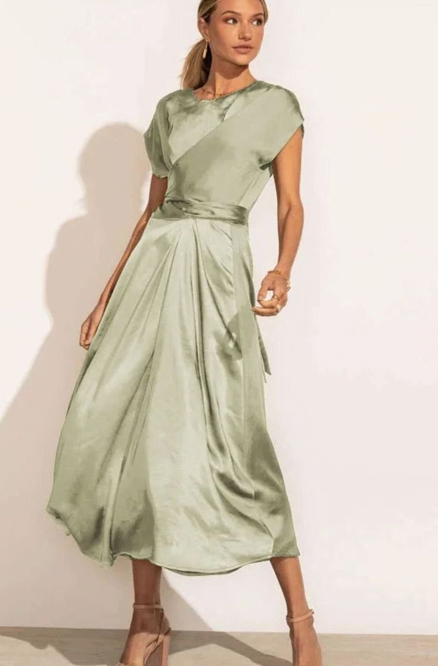 Women's Satin Wrap-Style Cap-Sleeve Midi Party Dress