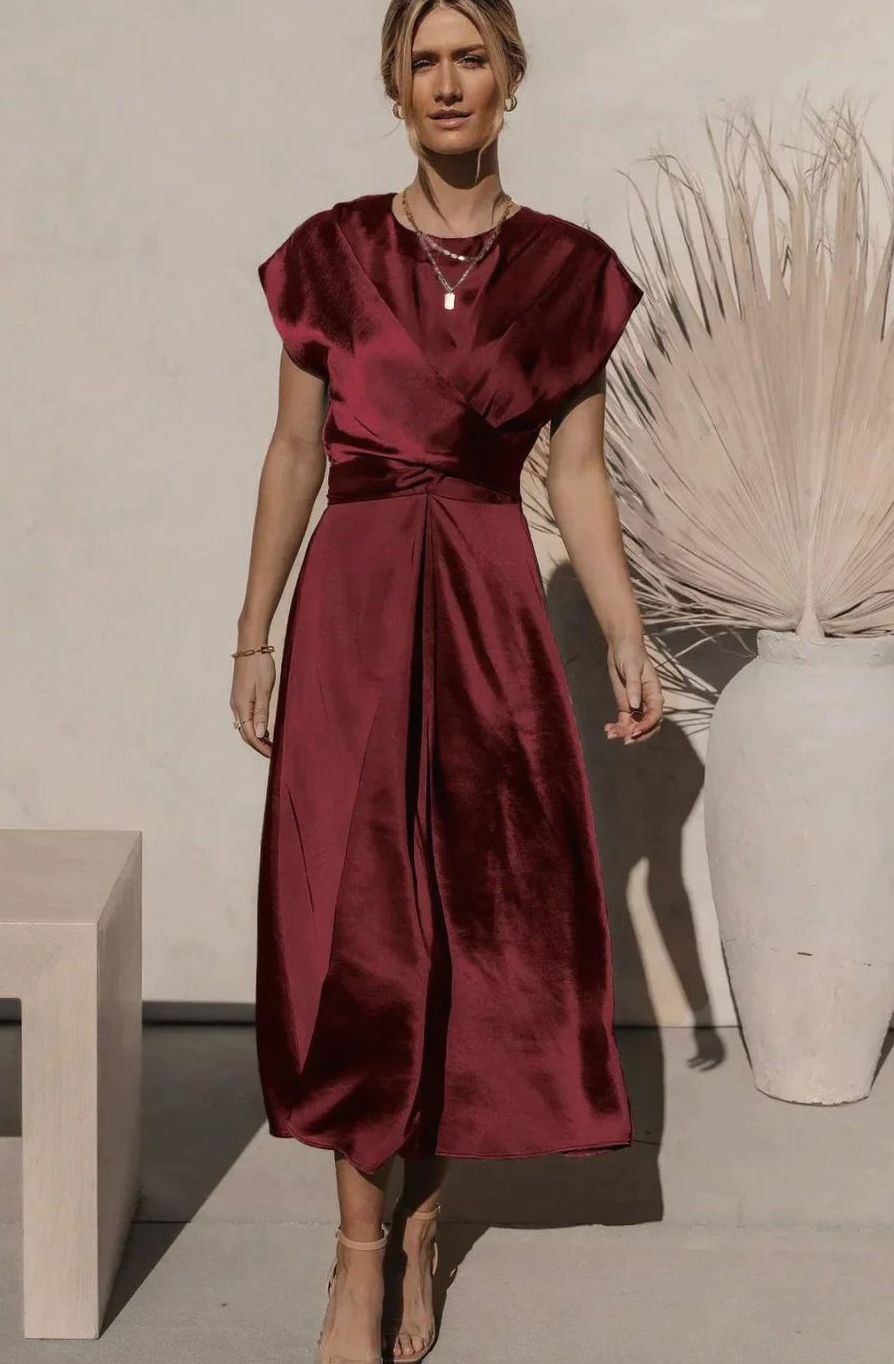 Women's Satin Wrap-Style Cap-Sleeve Midi Party Dress - Red