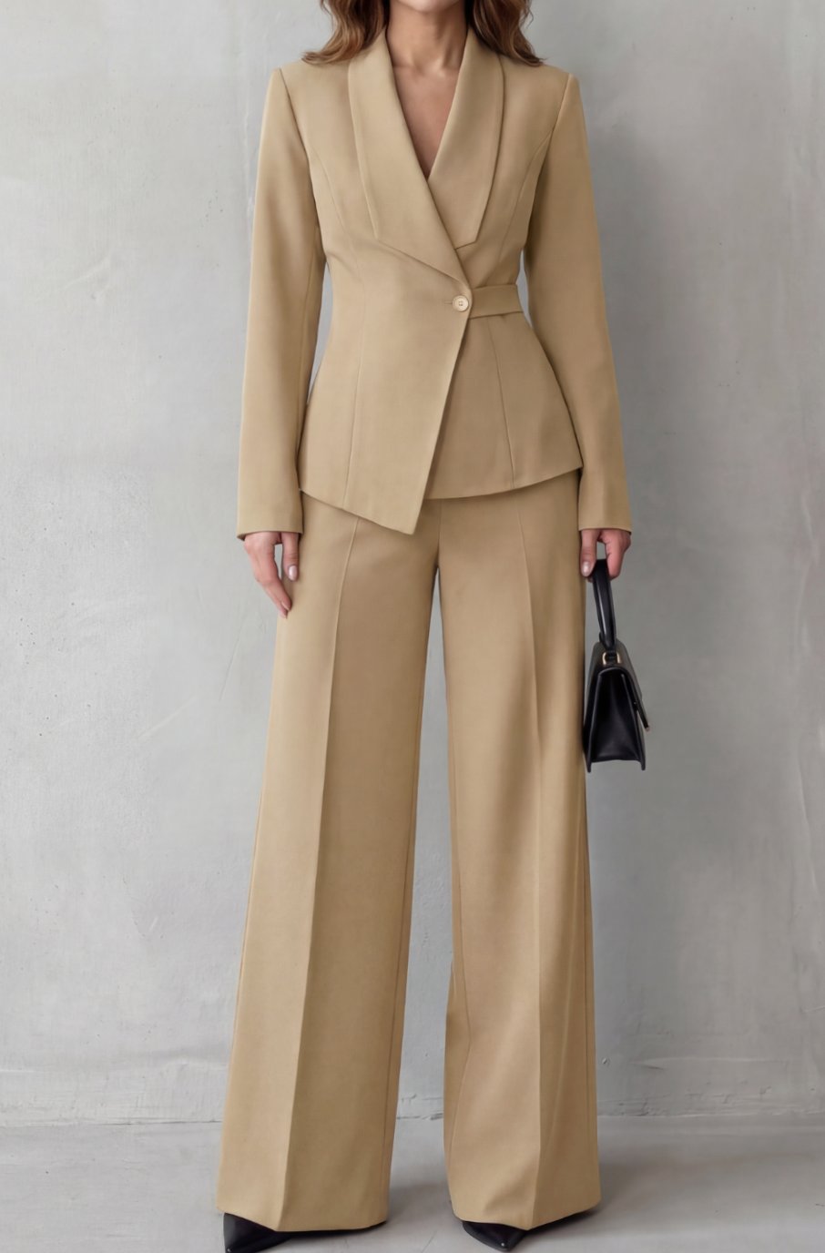 Women's Sculpted-Waist Tailored Blazer Wide-Leg Trouser Suit Set - Khaki