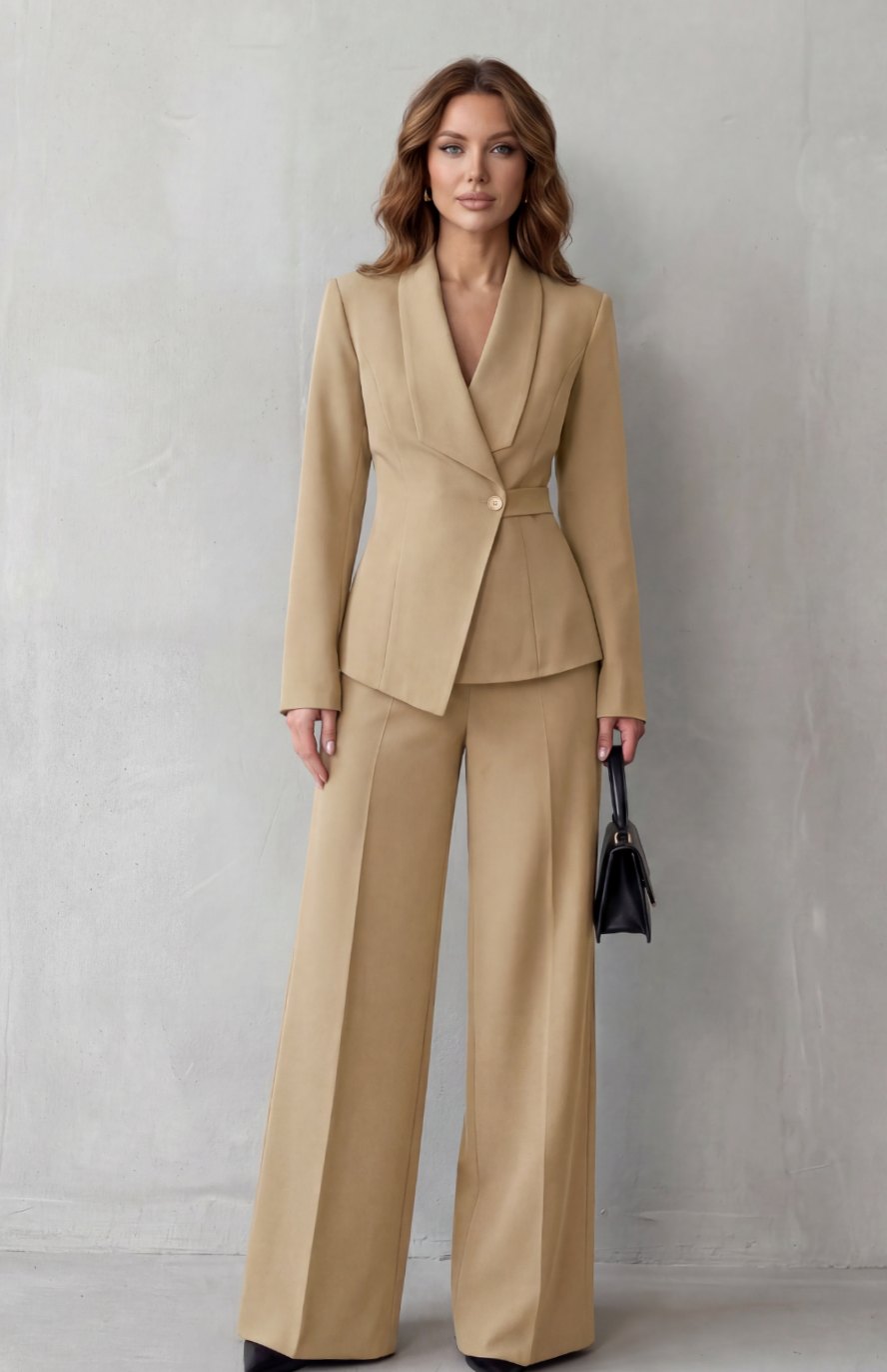 Women's Sculpted-Waist Tailored Blazer Wide-Leg Trouser Suit Set
